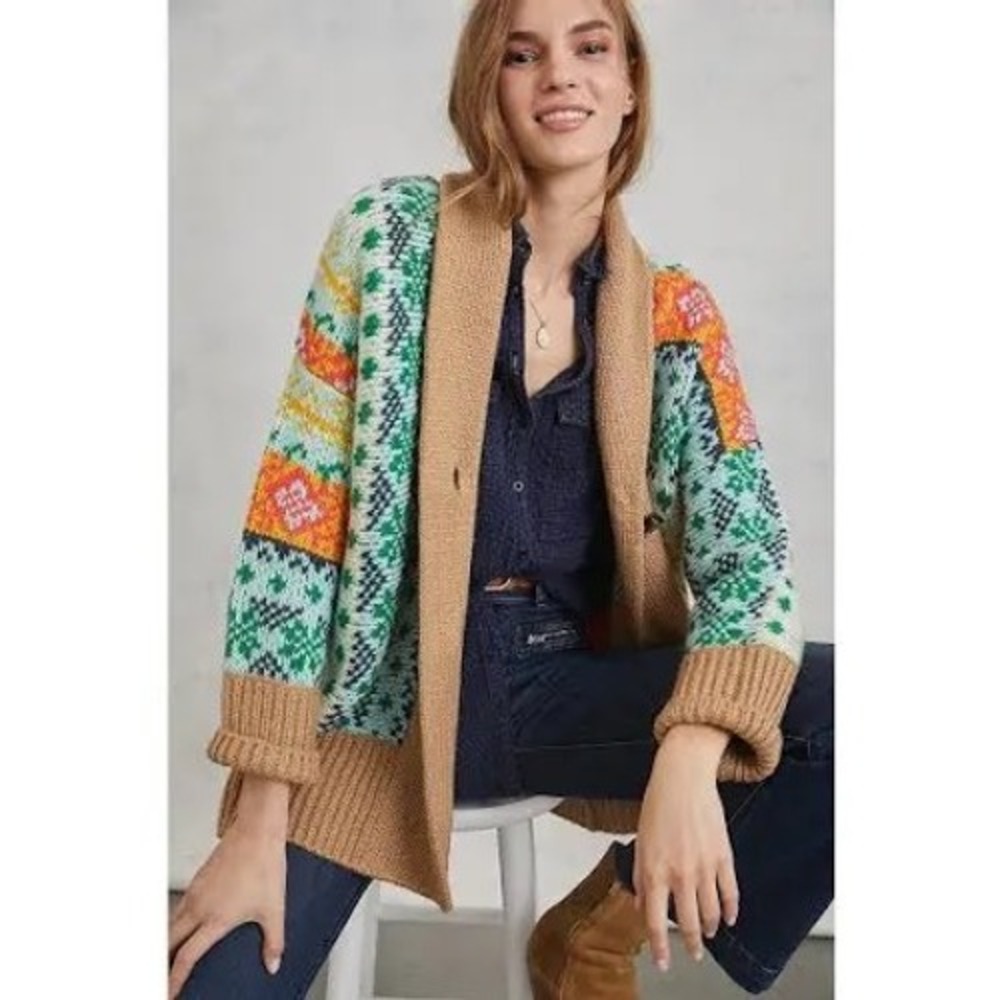 Anthropologie Fair Isle Shawl Collar Toggle Cardigan Sweater Multi Color M/L - Picture 2 of 9